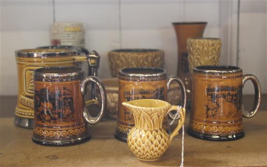 5 Sylvac items with moulded decoration, 5 transfer-printed pottery tankards & a similar vase